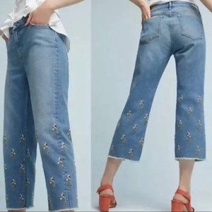 Pilcro and the Letterpress Floral Crop Raw Hem Embroidered Jean Size 25